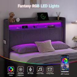 B814 $75  54" Tall Headboard Queen Size with Storage, LED Light, Corduroy Wingback Headboard with Charging Station, Upholstered Head Board Queen w/Hig