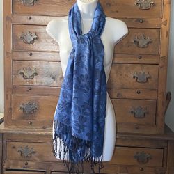 Woman’s Pashima Scarf Blue On Blue On Blue With Silver Threads Fringed Ends