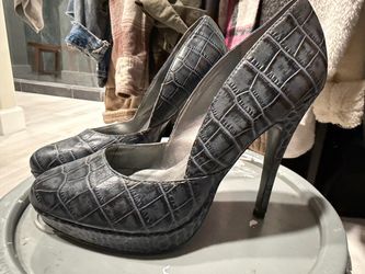 Gray Croc-Embossed Platform Stiletto Heels