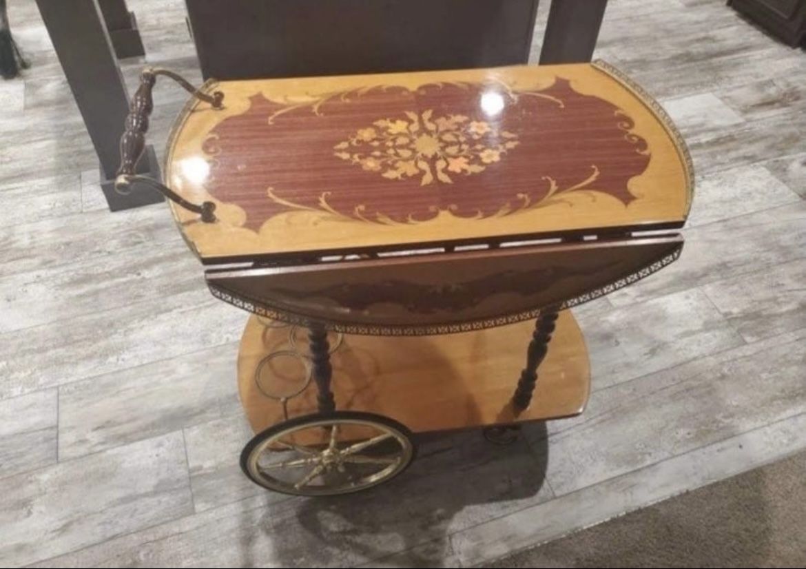 Vintage Drop Leaf Tea Bar Drink Cart Inlaid Marquetry Brass Italian