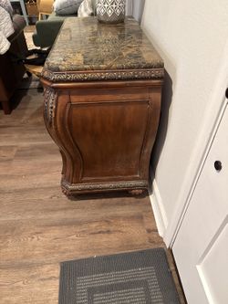 Marble-Look Top Nightstand – 3 Drawer, Ornate Wood OBO