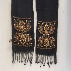 Raj Black Gold Studded Scarf With Fringe 68”x 7”