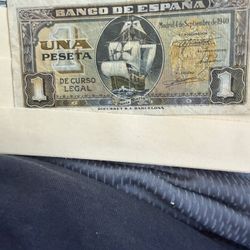 Rare 1940 Bill With Serial #0777777 Old Spanish Pesetas In Great Condition 1 