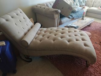Vintage-Style Tufted Chaise Lounge with Nailhead Trim & Bolster Pillow - Beige/Tan