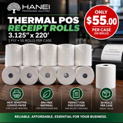 3.125" × 220' Thermal POS Receipt Rolls – 50 Rolls/Case
