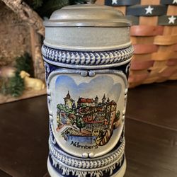 Vintage Ceramic Nurnberg Western Germany Beer/Stein Sei Guter Dinge 14 OZ With Lid  