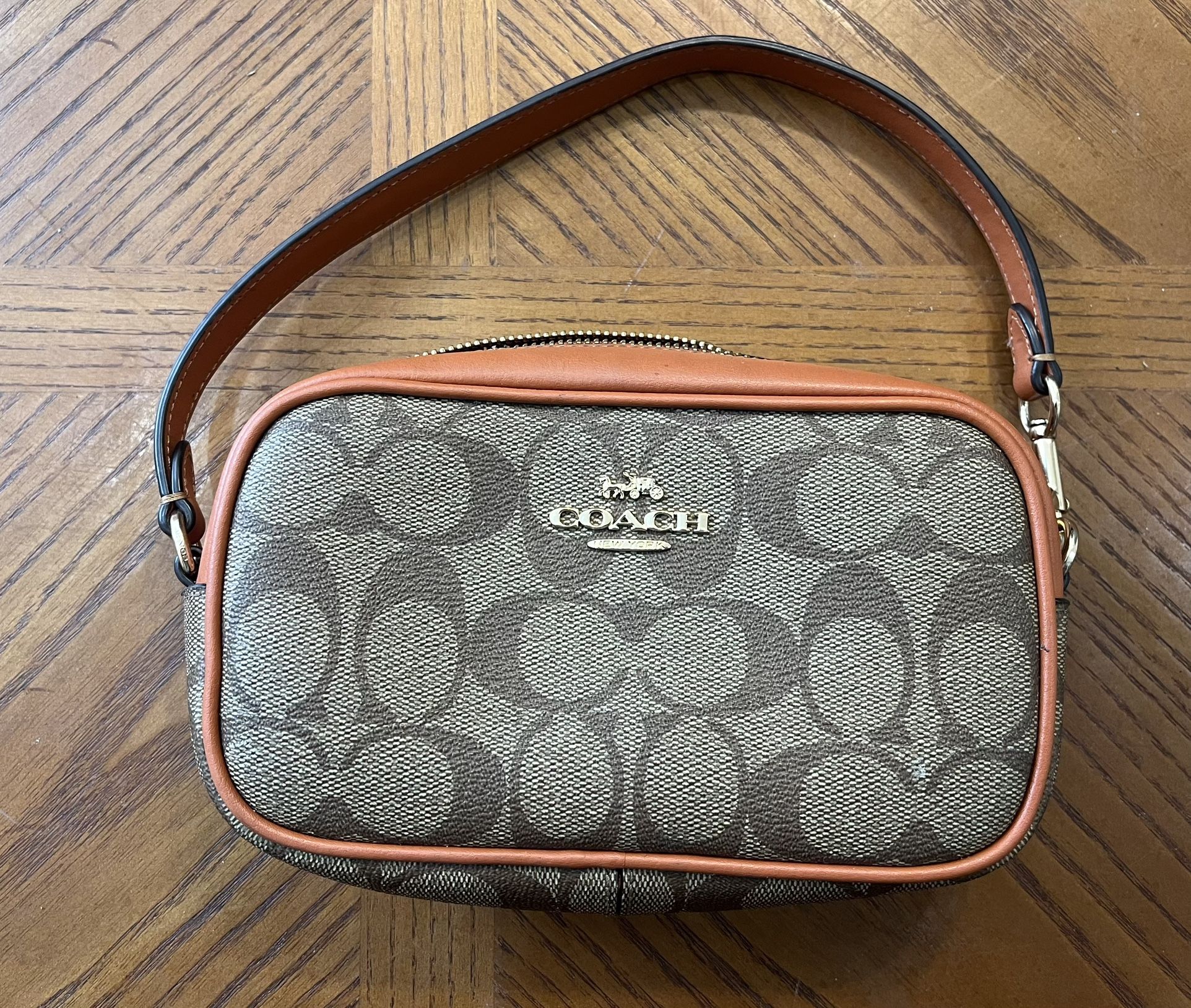 Coach Tan and Orange Jamie Wristlet with Signature Canvas