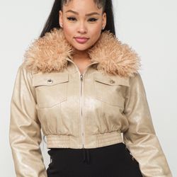Cream Faux Fur Collared Leather Jacket