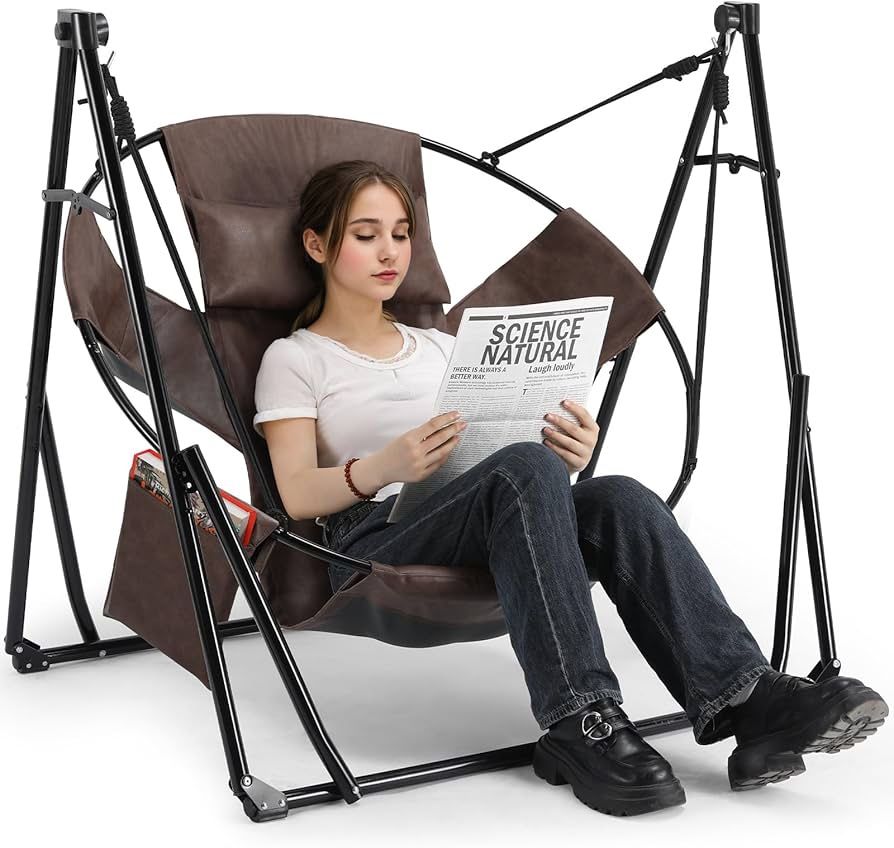 3 in 1 Portable Hammock with Steel Stand,Foldable PU Leather Swing Chair,6-Level Standing Hammocks Included Carrying Bag,Side Pocket,Pillow,for Outsid