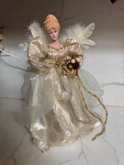 Elegant 14" Porcelain Christmas Angel Tree Topper - Cream & Gold Gown