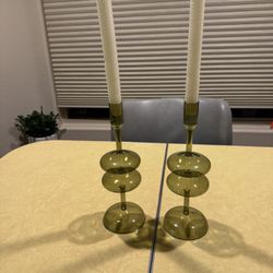 Brand New Beautiful Hand Blown Candle Stick Holders. Green 
