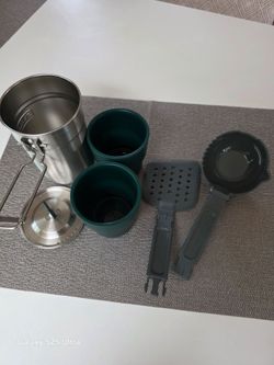 Stanley Camping/Backpacking 24oz Stainless Steel Cooking Pot Lid, (2) 10oz Cups /folding camp kitchen utensils.