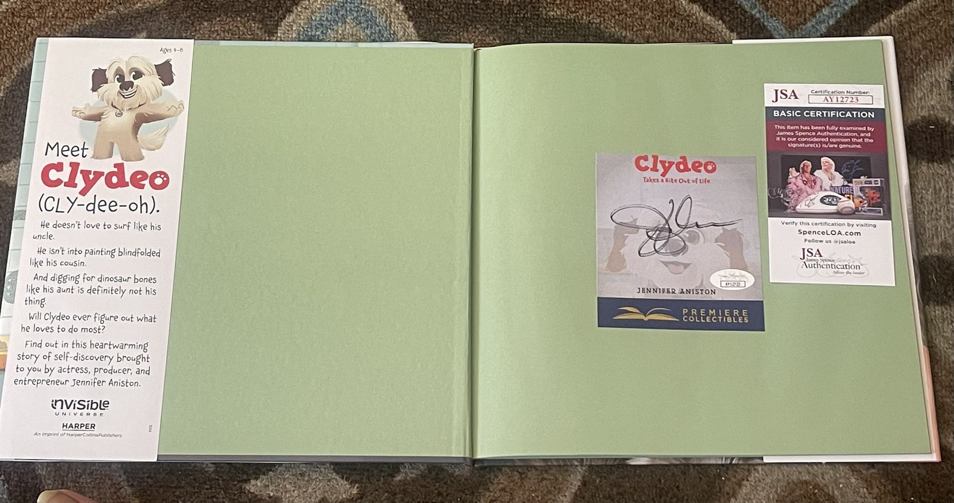 JSA COA JENNIFER ANISTON SIGNED “CLYDEO” Childrens Hardcover Book