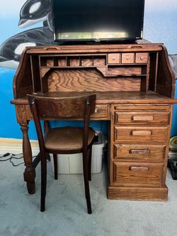 Oak Roll Top Desk with Drawers
