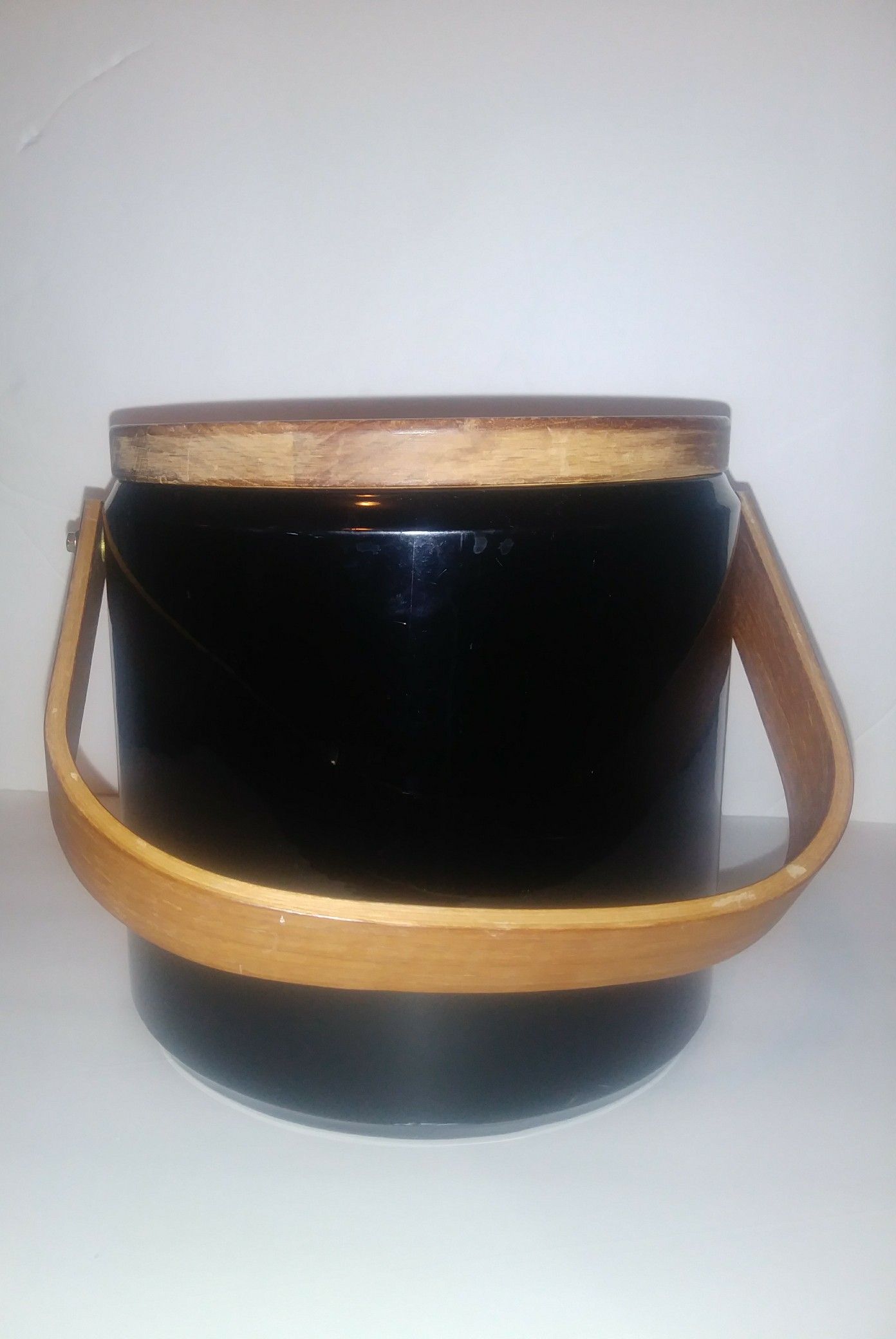 Vintage George Briard Black Vinyl Ice Bucket Danish Modern Teak Wood Lid Handle
