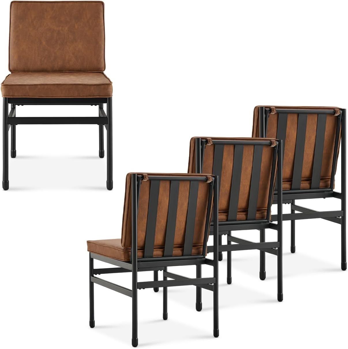 mopio Odelia Brown Faux Leather Dining Chairs Set of 4, Modern Kitchen Chairs with Removable Leather Cushion Covers and Black Rust-Free Metal Legs (Se