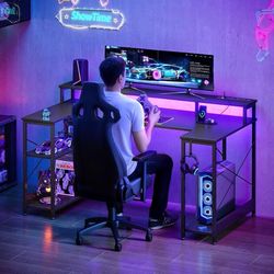 55 Inch Gaming Desk with LED Lights and Power Outlet, U-Shaped Computer Desk with Monitor Stand and Storage Shelves, PC Gamer Table for Ho