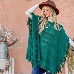 ANDTHEWAY| Women’s Fringe Trim Knit Poncho Green One Size – Soft Pullover Sweater Wrap, Chic Fall