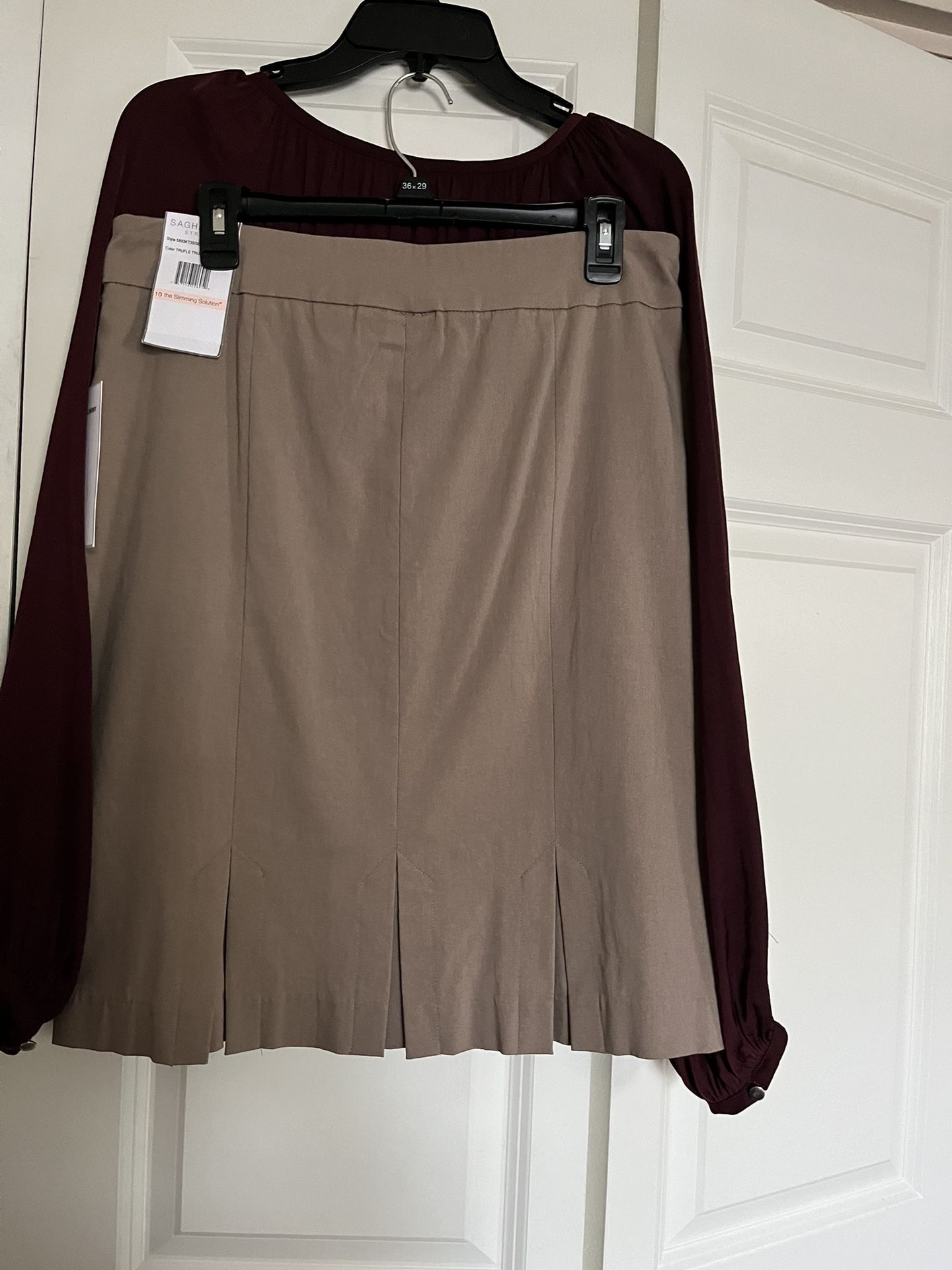 There Is Two Pieces skirt in size 10 the color is beige and a blouse in size medium. The color is burgundy both for $25 total.the skirt is Brand New 