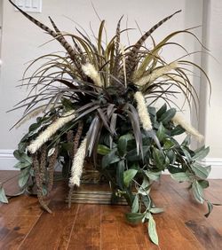 Artificial Floral Arrangement Faux Grass Cattails Pheasant Feathers Tin Planter 36" x 30" x 30" Planter 14" x 8"