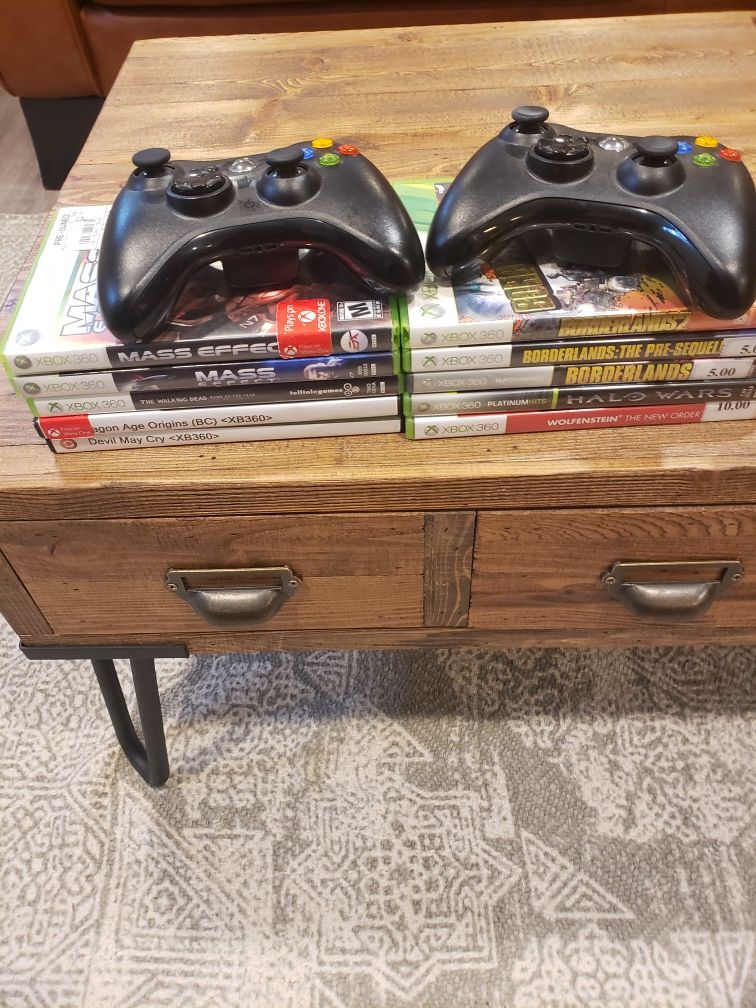 XBOX 360 games and 2 controllers