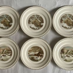 Set Of 6 Small Vintage Harkerware Currier & Ives Collector “Old Homestead” Plates 