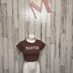 Garage Brown Wanted Graphic Cropped Tee  Size Medium