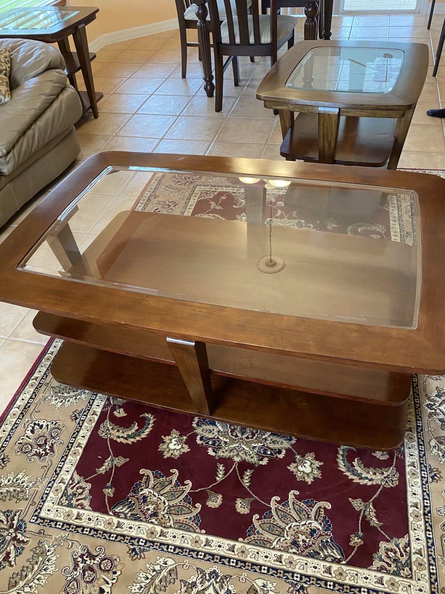 Coffee Table And 2 End Tables, Solid Wood And Glass Top