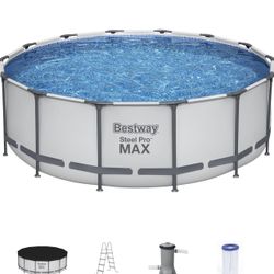 Bestway Steel Pro MAX 14 Foot x 48 Inch Round Metal Frame Above Ground Outdoor Swimming Pool Set 
