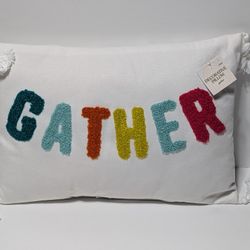 Gather Textured Decorative Pillow 10x14 White w/ Tassels Multicolor Letters Decor