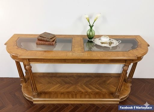 🤩 Long Vintage Console Table / Sofa Table w/ Glass & Burl Wood