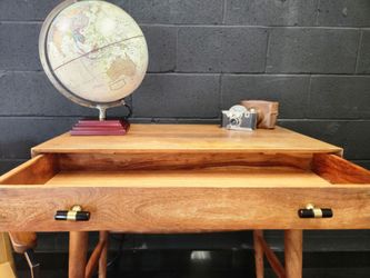Sleek Walnut Solid Wood Mid-Century Writing Desk. USB And Plug Included.