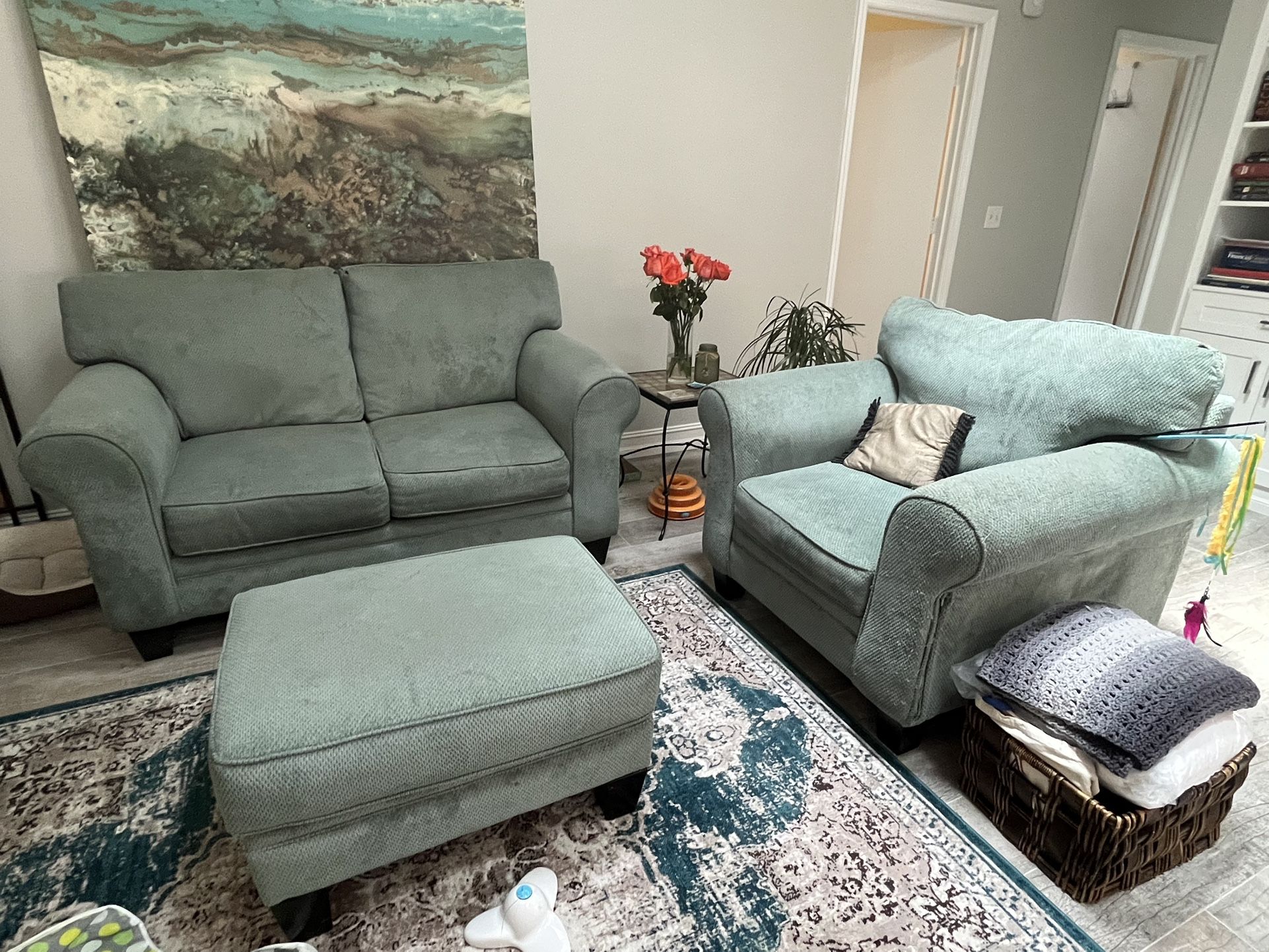 Aqua Blue Loveseat, Chair And Ottoman