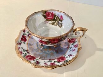Iridescent Cup + Saucer 1950s Napco Rose Pattern #1DD240 Beautiful