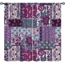 Patchwork Flower Purple Curtains Spring Colorful Wildflower Retro Boho Rustic Farmhouse Art Print for Kitchen Bedroom Living Room Blackout Rod Pocket 