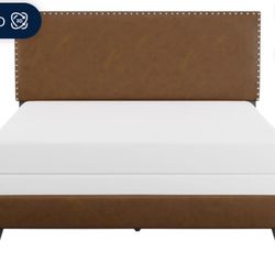 Willow Nailhead Trim Upholstered Queen Bed, Saddle Brown Faux Leather