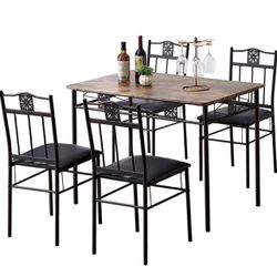 VECELO Dining Table Set with 4 Chairs, Retro Brown