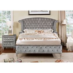 Brand New Grey Velvet 4pc Queen Bedroom Set (Available In Eastern King)