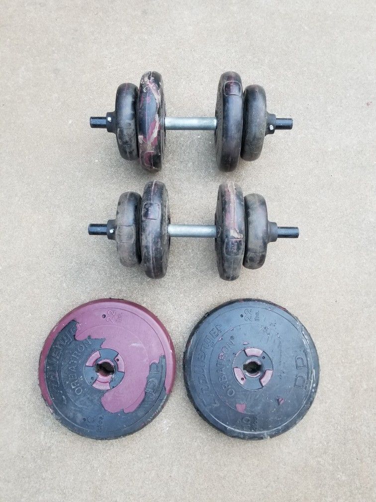 2 dumbbells + 2 extra plates (concrete weights)