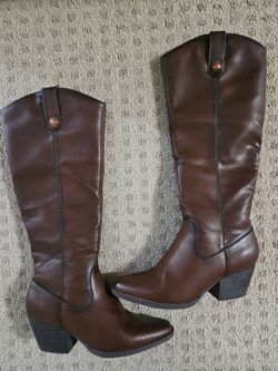 Brown Leather Knee-High Western Boots