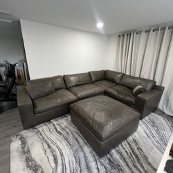 Boho Brown Leather Sectional And Ottoman 5 Piece 