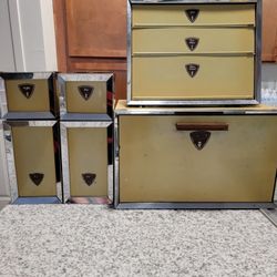 Vintage 1960s Lady Garner Metal Kitchen Canisters Bread Box Foil Paper Towels Dispenser Box Set 