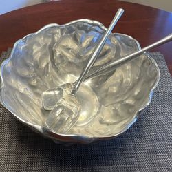 HaciendaReal Large Pewter Cabbage Leaf Salad Bowl With Utensils