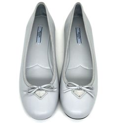 PRADA BALLERINA FLAT LIGHT BLUE LEATHER W/METAL TRIANGLE LOGO SZ 38.5 NEW 2025! 