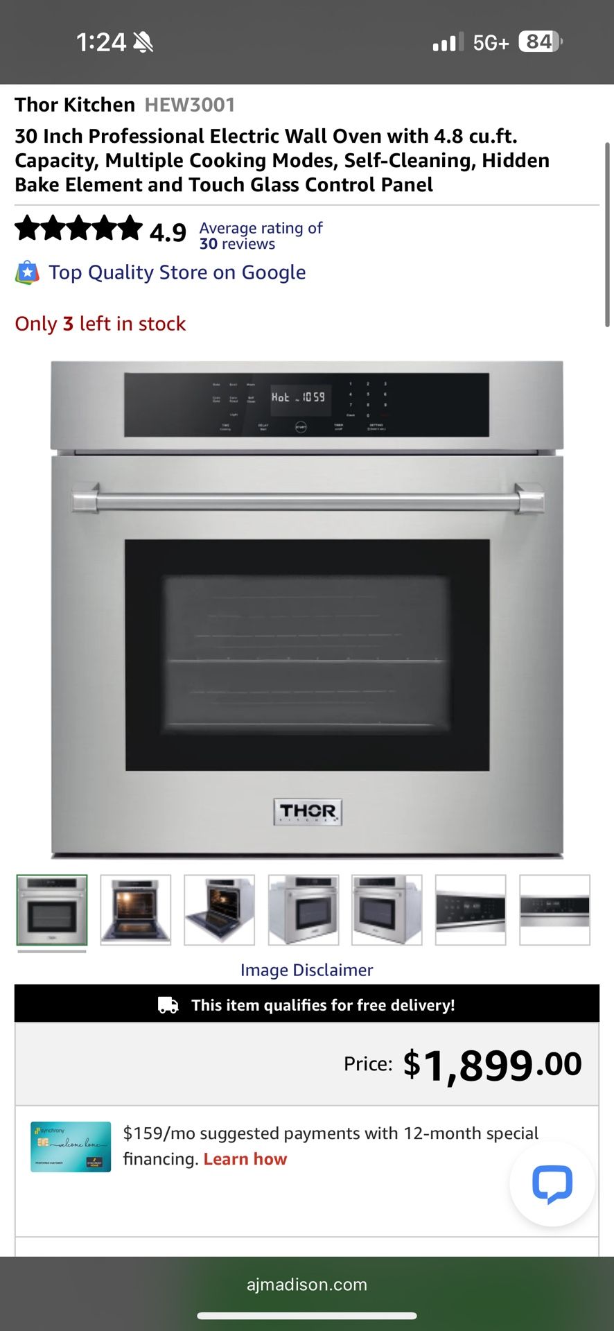 Thor Kitchen 30 in. Single Electric Wall Oven with Convection and Self-Cleaning in Stainless Steel