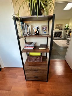 Industrial Wood & Black Metal Bookshelf with 2 Drawers