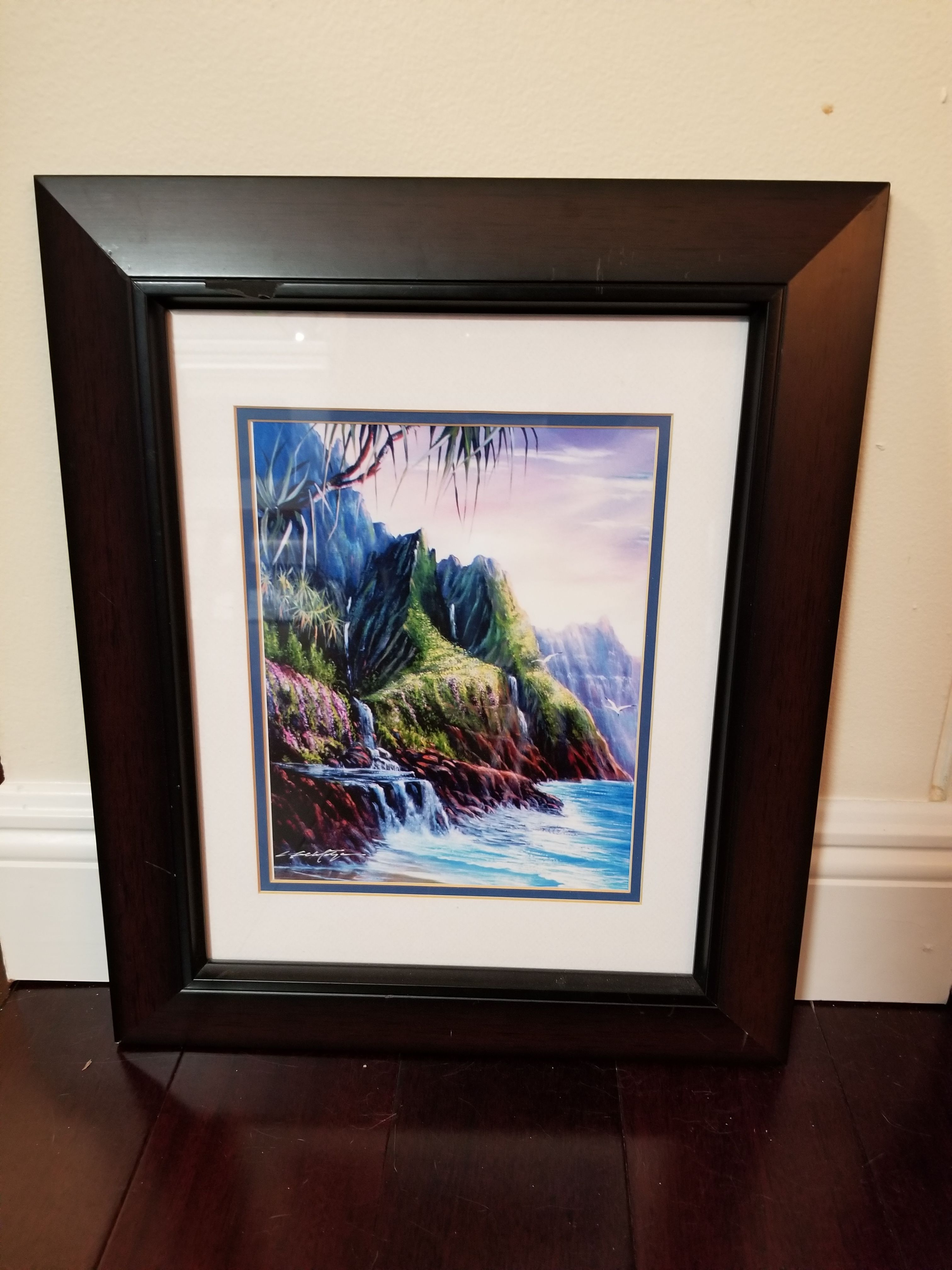 Framed signed Napali Romance Hawaii painting 15" x 18"