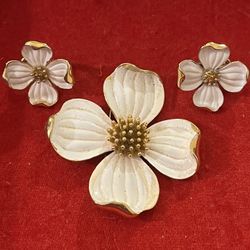 Vintage Trifari Signed Dogwood Flower Brooch (2 Inches) With Matching Clip-on Earrings