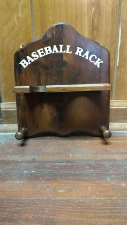 Vintage wooden and metal wall mount baseball rack