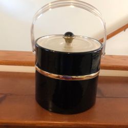 Vtg MCM Glossy Black Vinyl Ice Bucket W/ Acrylic Lid & Handle